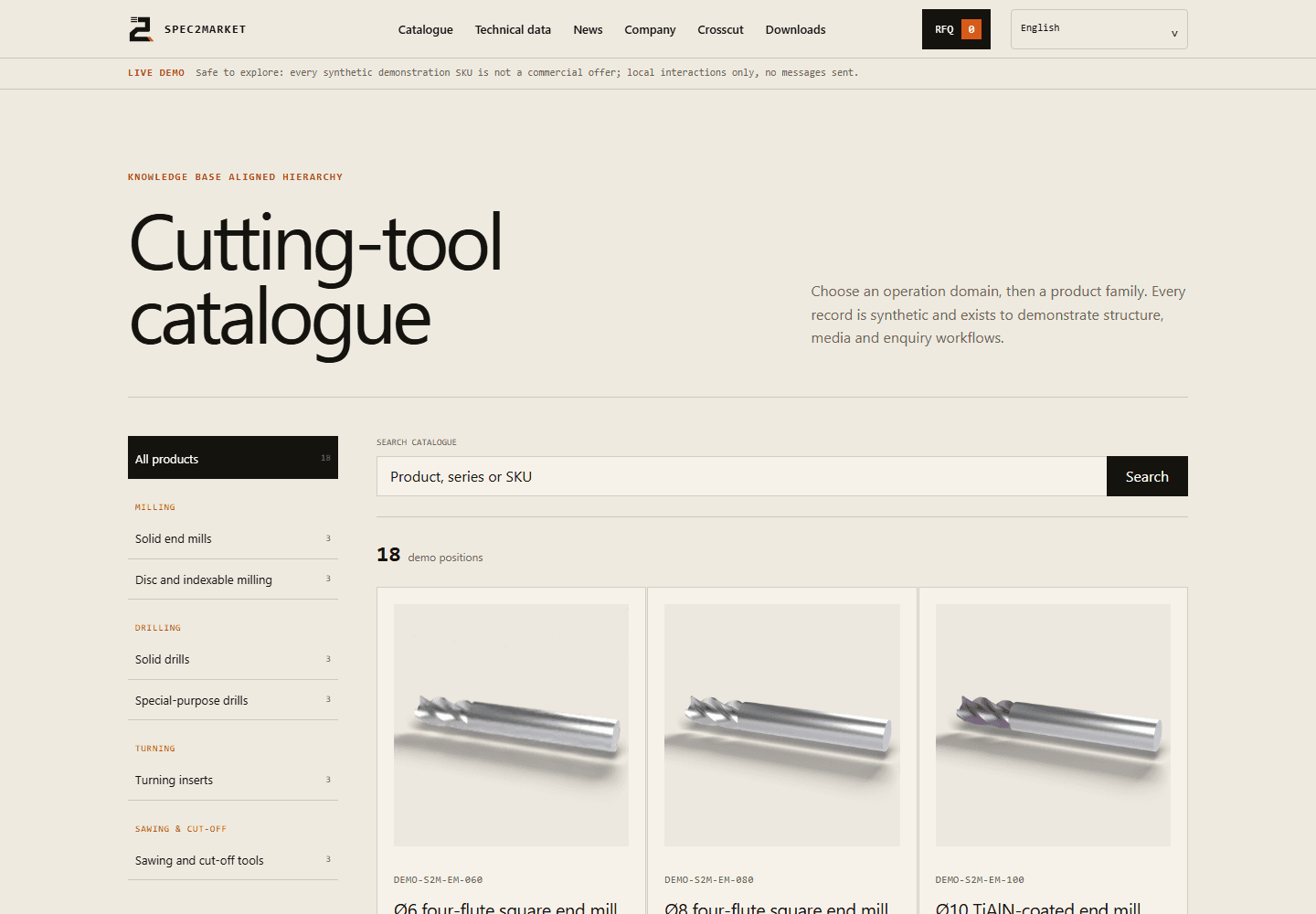 Published synthetic cutting-tool catalogue with search and product cards