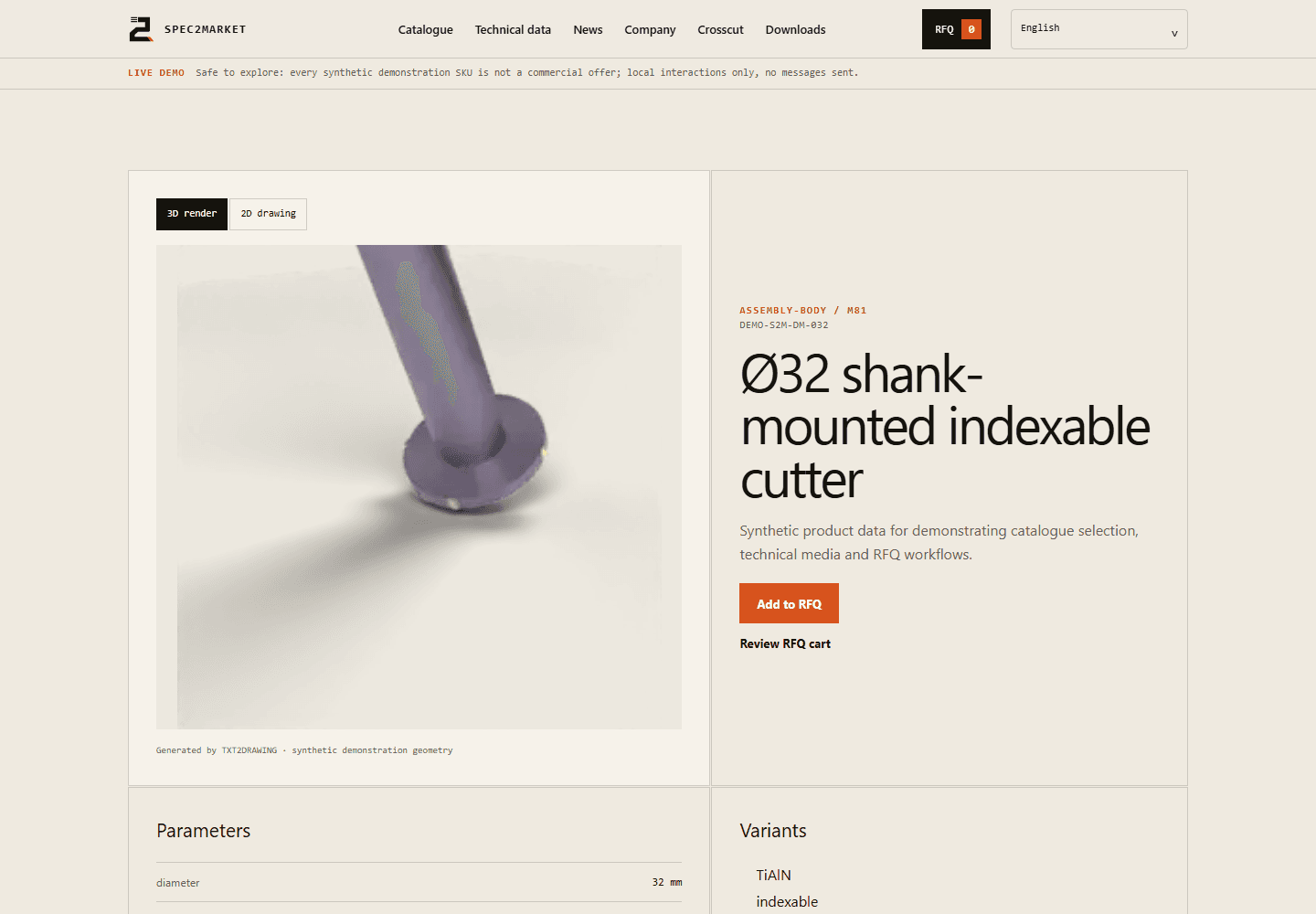 Synthetic product page with generated tool image, parameters and RFQ action